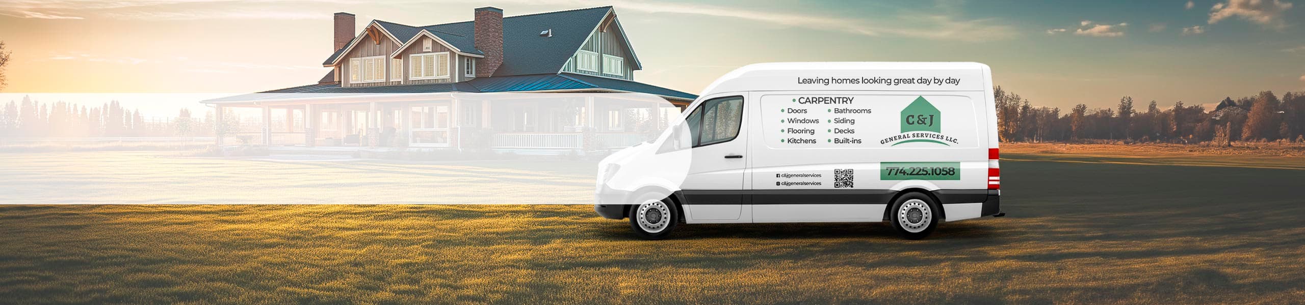 C&J General Services branded van parked in front of a large home